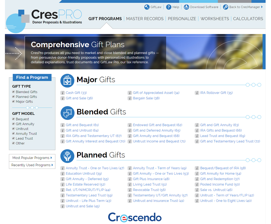 Program Selection Page Program Selection Page