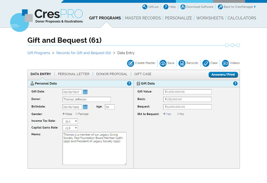 Sample Blended Gift Program Data Entry Page Sample Blended Gift Program Data Entry Page